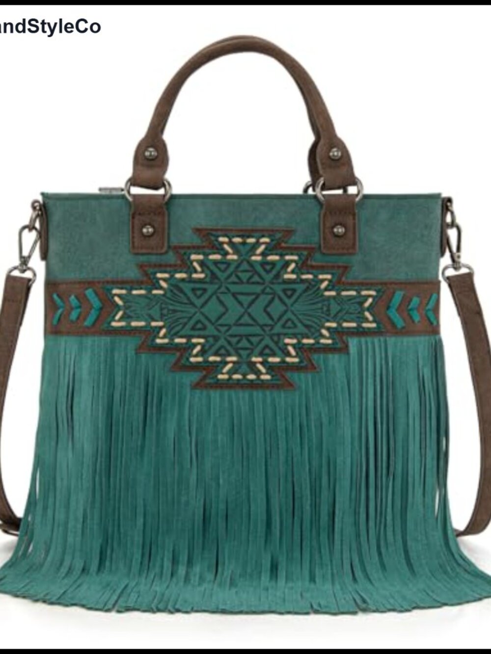 Partially Genuine Leather Tooled Fringe Crossbody Tote Western Purse
